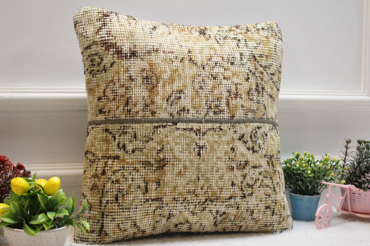 Handmade Floral Kilim Pillow Cover: Vintage Turkish Rug, 16x16 inch