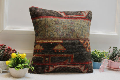 Handmade Turkish Kilim Pillow Cover: Upcycled Woven Rug, 16x16 inc.