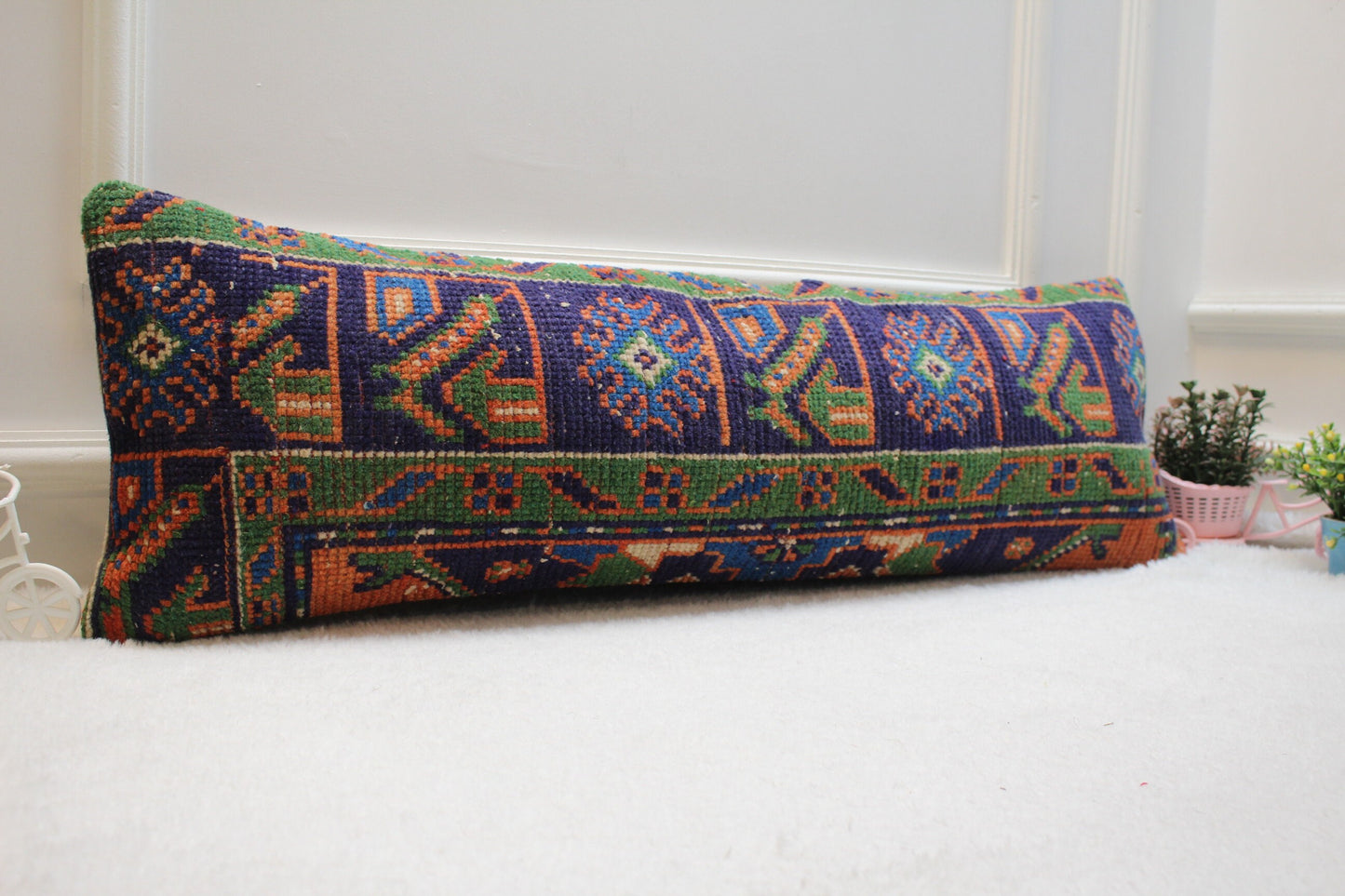 Handmade Kilim Lumbar Pillow Cover: Blue & Green Floral, Boho Decor (12x36 in)