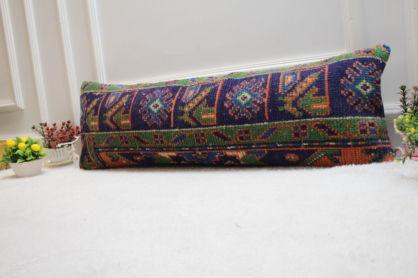 Handmade Kilim Lumbar Pillow Cover: Blue & Green Floral, Boho Decor (12x36 in)