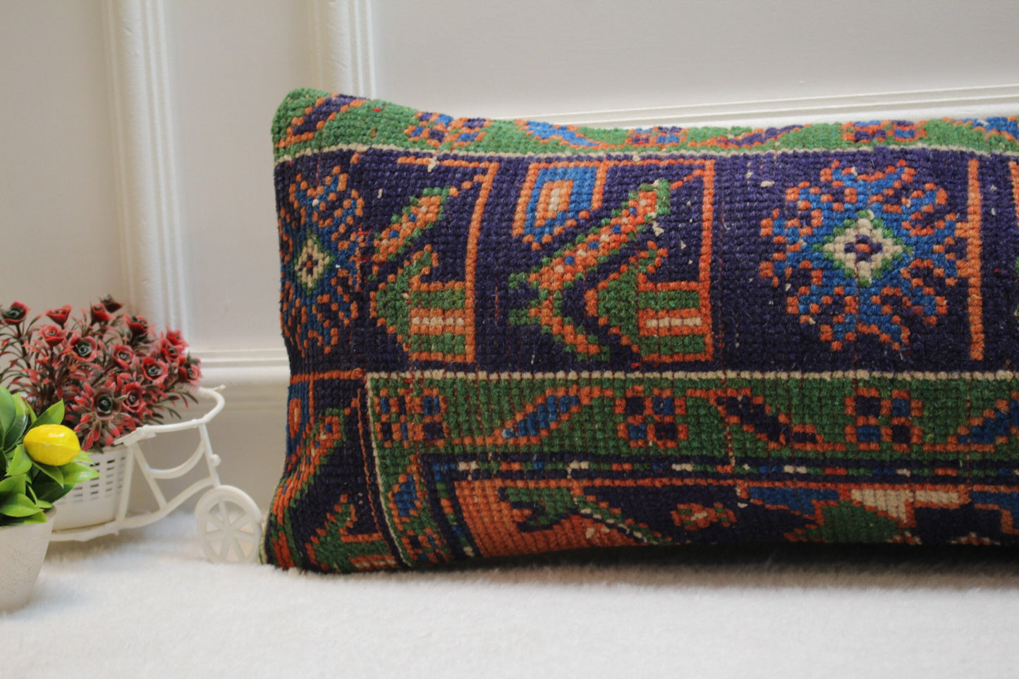 Handmade Kilim Lumbar Pillow Cover: Blue & Green Floral, Boho Decor (12x36 in)