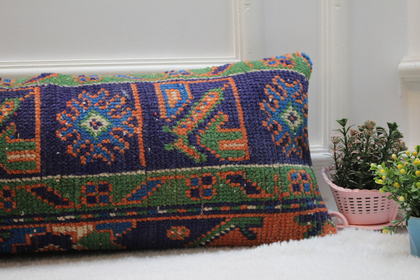 Handmade Kilim Lumbar Pillow Cover: Blue & Green Floral, Boho Decor (12x36 in)