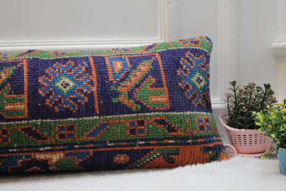 Handmade Kilim Lumbar Pillow Cover: Blue & Green Floral, Boho Decor (12x36 in)