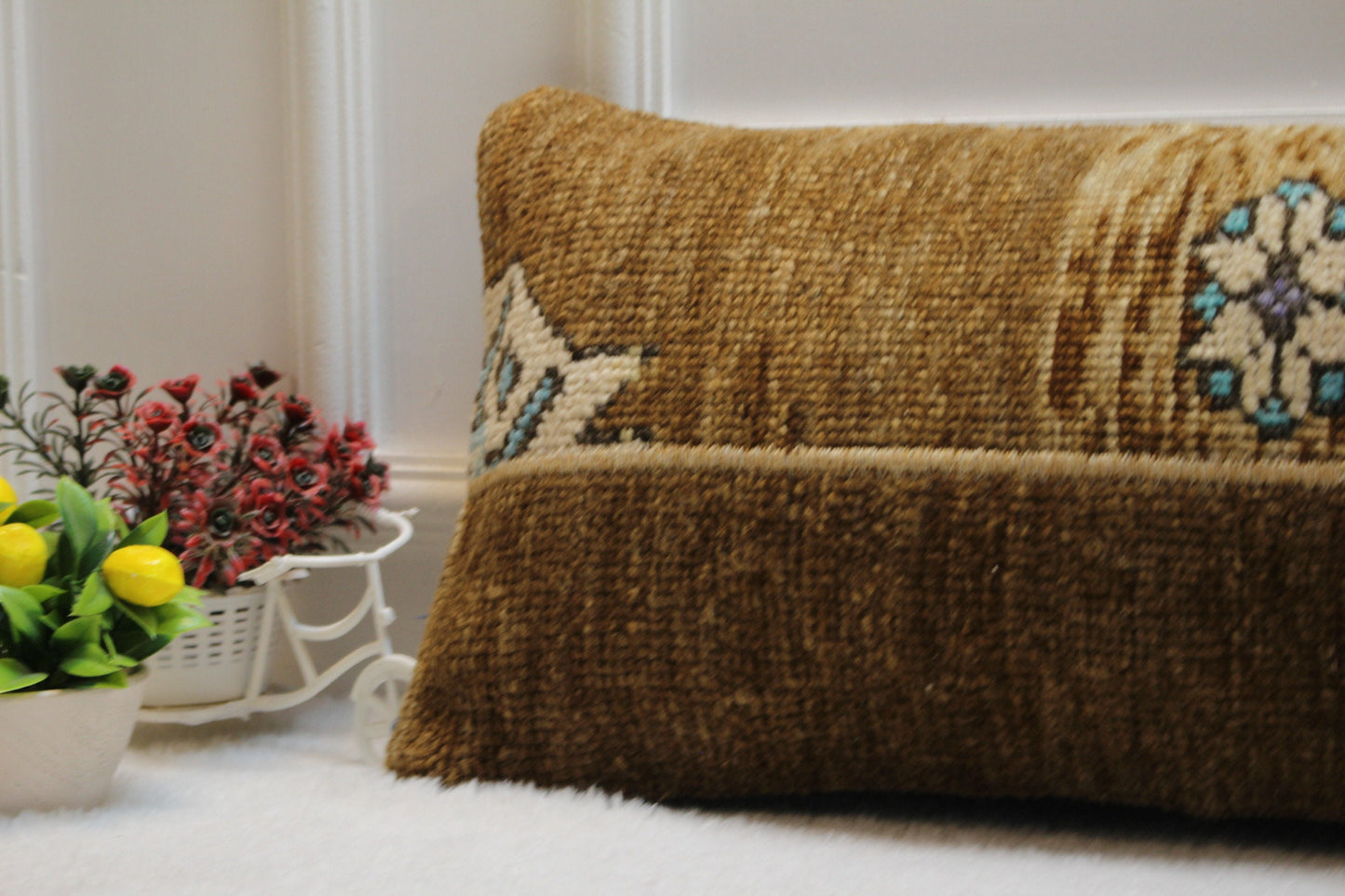 Handmade Turkish Rug Lumbar Pillow Cover: Brown Beige Wool, 12x36 in