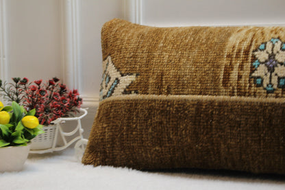 Handmade Turkish Rug Lumbar Pillow Cover: Brown Beige Wool, 12x36 in