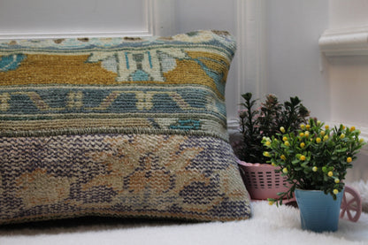 Vintage Turkish Rug Lumbar Pillow Cover: Orange Blue Wool, 12x36 inch
