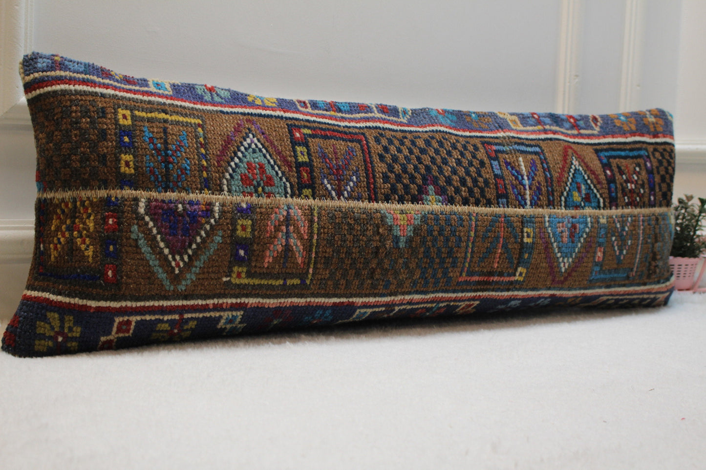 Vintage Turkish Rug Lumbar Pillow Cover: Brown Wool, 12x36 inch