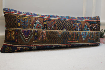 Vintage Turkish Rug Lumbar Pillow Cover: Brown Wool, 12x36 inch