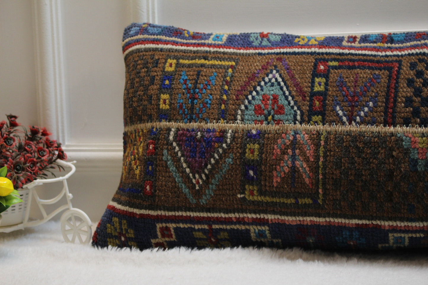 Vintage Turkish Rug Lumbar Pillow Cover: Brown Wool, 12x36 inch
