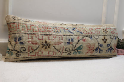 Handmade Floral Kilim Pillow Cover: Upcycled Wool Rug, 12x36 inch
