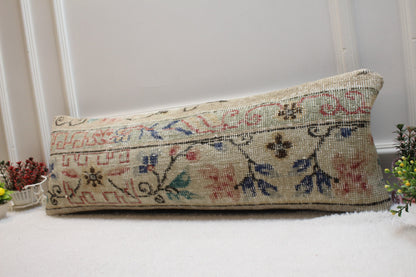 Handmade Floral Kilim Pillow Cover: Upcycled Wool Rug, 12x36 inch