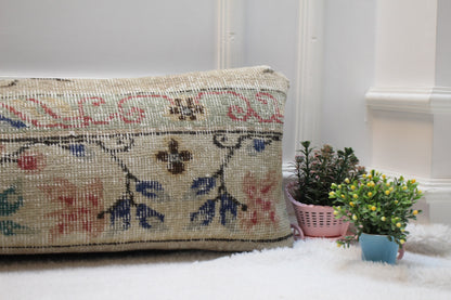 Handmade Floral Kilim Pillow Cover: Upcycled Wool Rug, 12x36 inch
