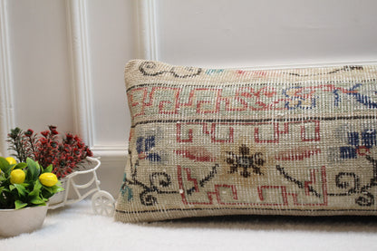 Handmade Floral Kilim Pillow Cover: Upcycled Wool Rug, 12x36 inch