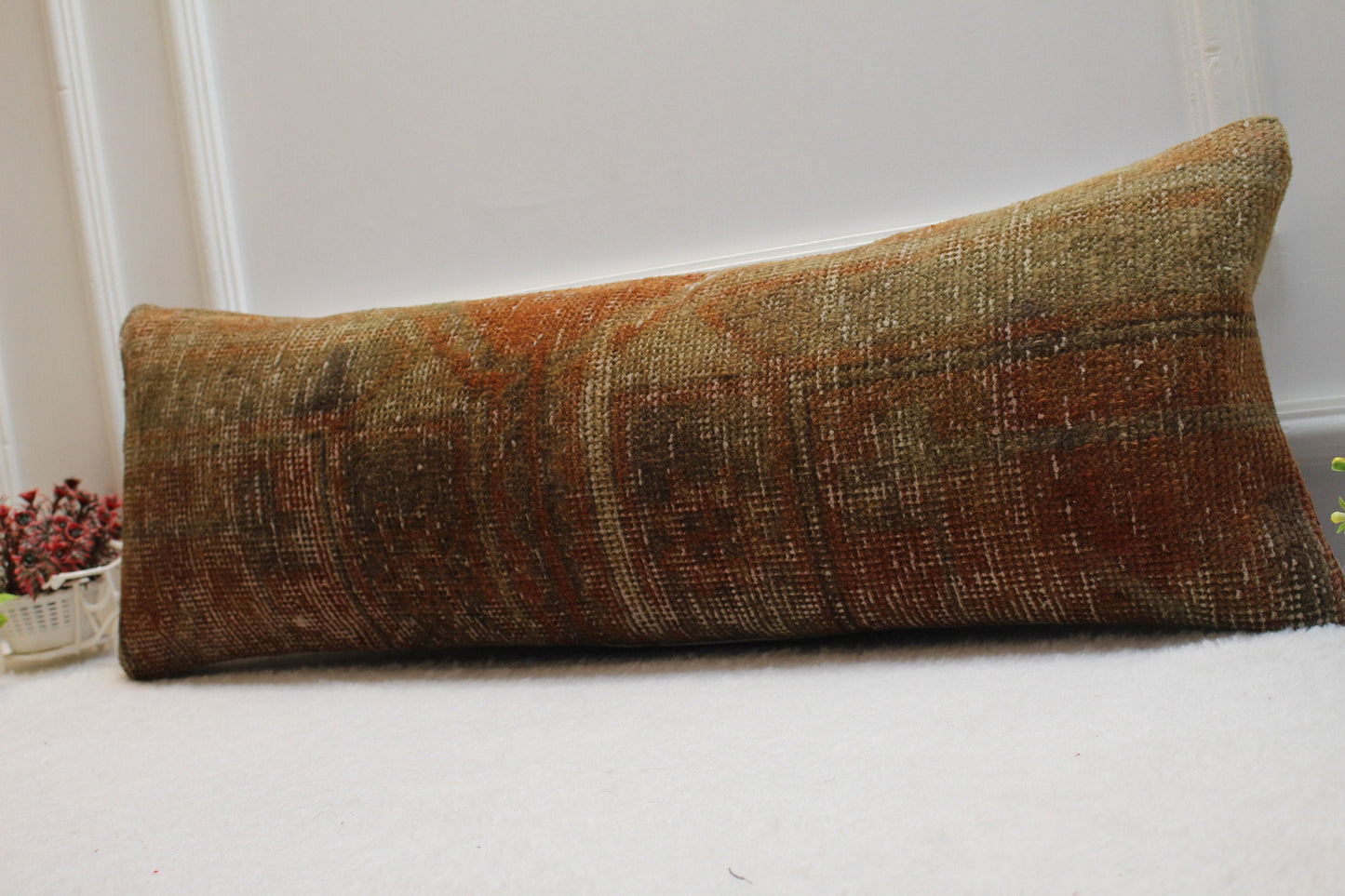 Vintage Turkish Rug Lumbar Pillow Cover: Red Brown Woven Pillow Case (12x36 in)