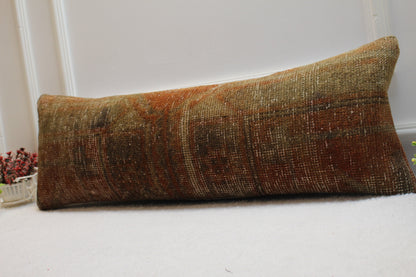 Vintage Turkish Rug Lumbar Pillow Cover: Red Brown Woven Pillow Case (12x36 in)