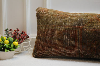 Vintage Turkish Rug Lumbar Pillow Cover: Red Brown Woven Pillow Case (12x36 in)
