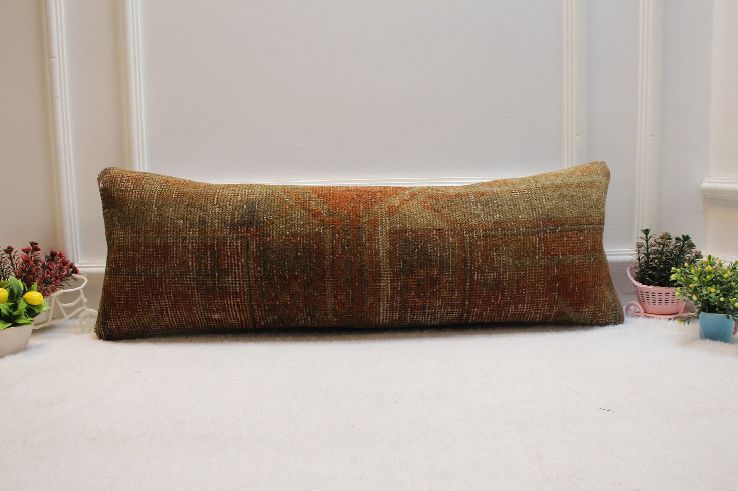Vintage Turkish Rug Lumbar Pillow Cover: Red Brown Woven Pillow Case (12x36 in)