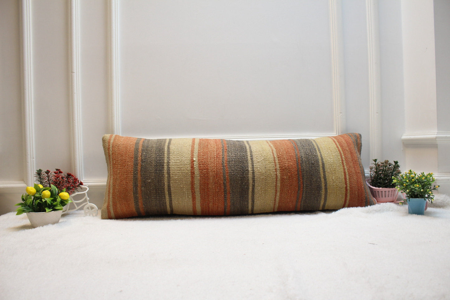 Handmade Striped Kilim Pillow Cover: Upcycled Wool, 12x36 inch
