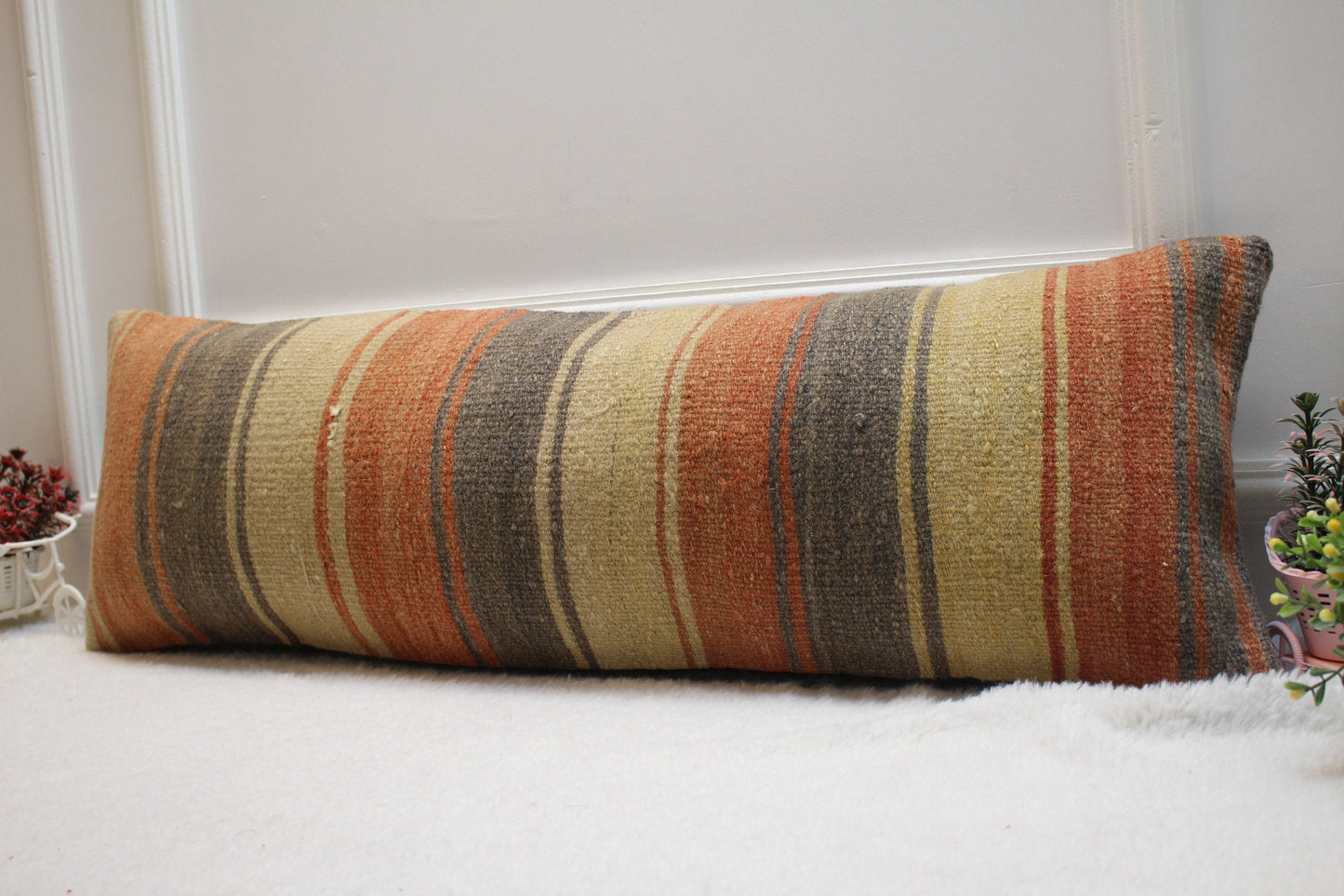 Handmade Striped Kilim Pillow Cover: Upcycled Wool, 12x36 inch