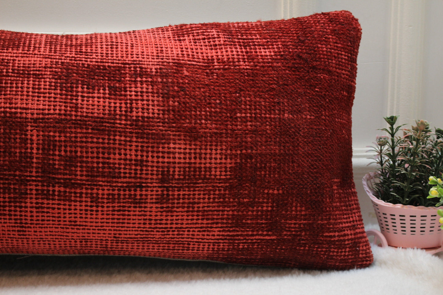 Handmade Red Kilim Pillow Cover: Boho Lumbar Pillow, 12x36
