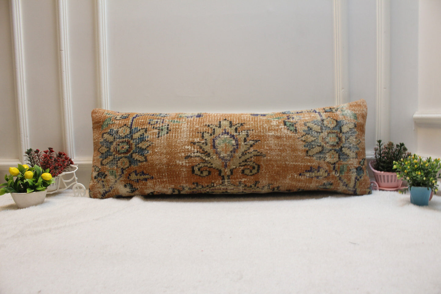 Handmade Kilim Pillow Cover: Orange & Blue Vintage Rug Pillow (12x36 in)