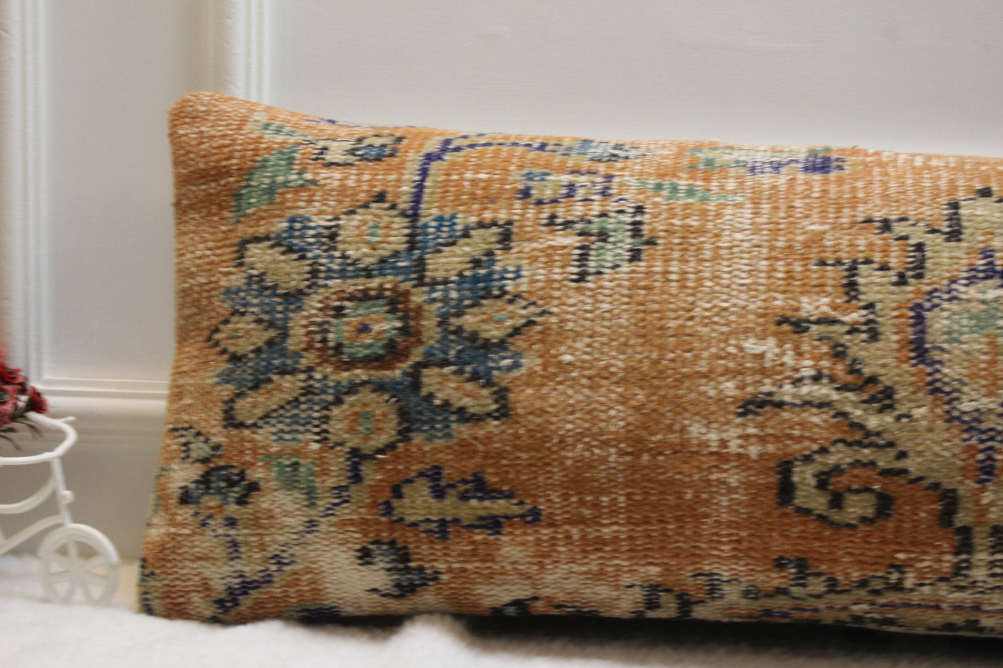 Handmade Kilim Pillow Cover: Orange & Blue Vintage Rug Pillow (12x36 in)