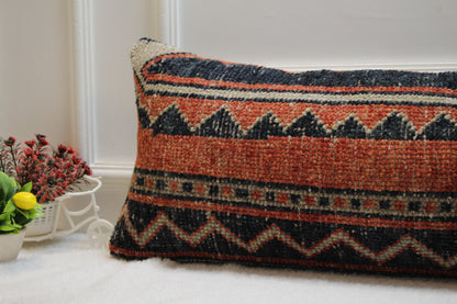 Vintage Turkish Rug Lumbar Pillow Cover: Red & Black, 12x36 inch