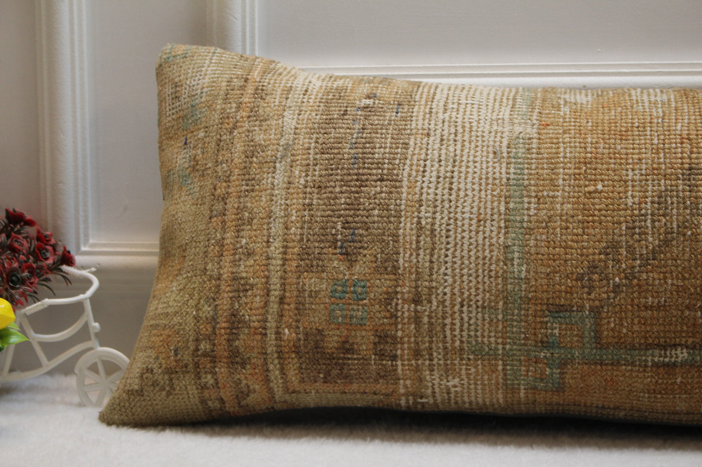 Handmade Turkish Rug Lumbar Pillow Cover: Upcycled Woven Wool (12x36 in)