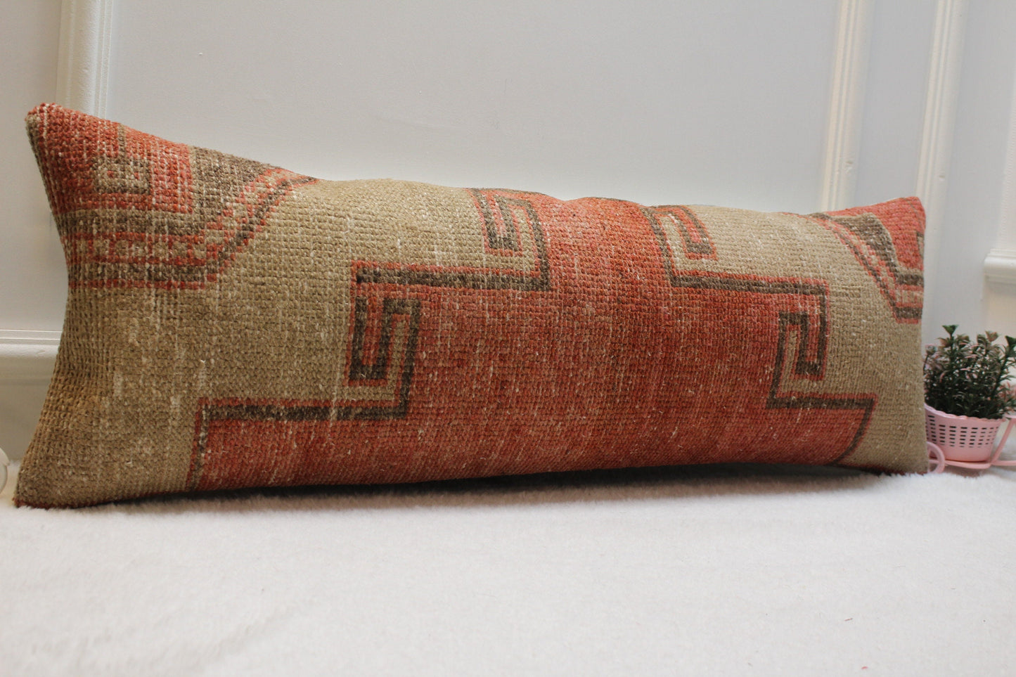12x36 Lumbar Kilim Pillow Cover: Red Beige Woven Rug