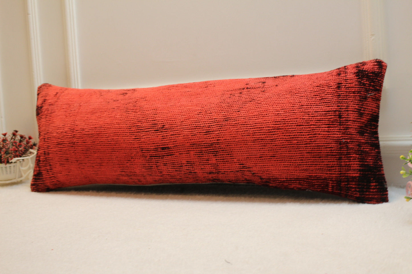 Red Vintage Turkish Rug Lumbar Pillow Cover: Organic Wool, 12x36 inch