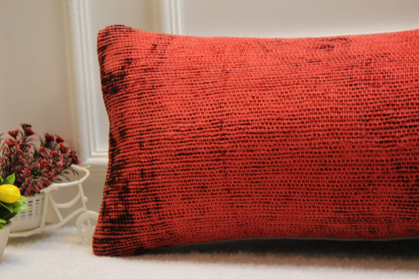 Red Vintage Turkish Rug Lumbar Pillow Cover: Organic Wool, 12x36 inch