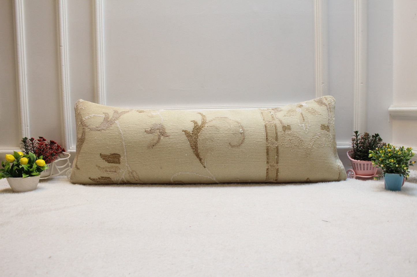 Handmade Wool Lumbar Pillow Cover: Upcycled Turkish Rug, 12x36 inch