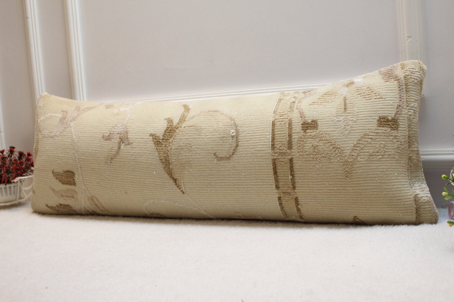 Handmade Wool Lumbar Pillow Cover: Upcycled Turkish Rug, 12x36 inch