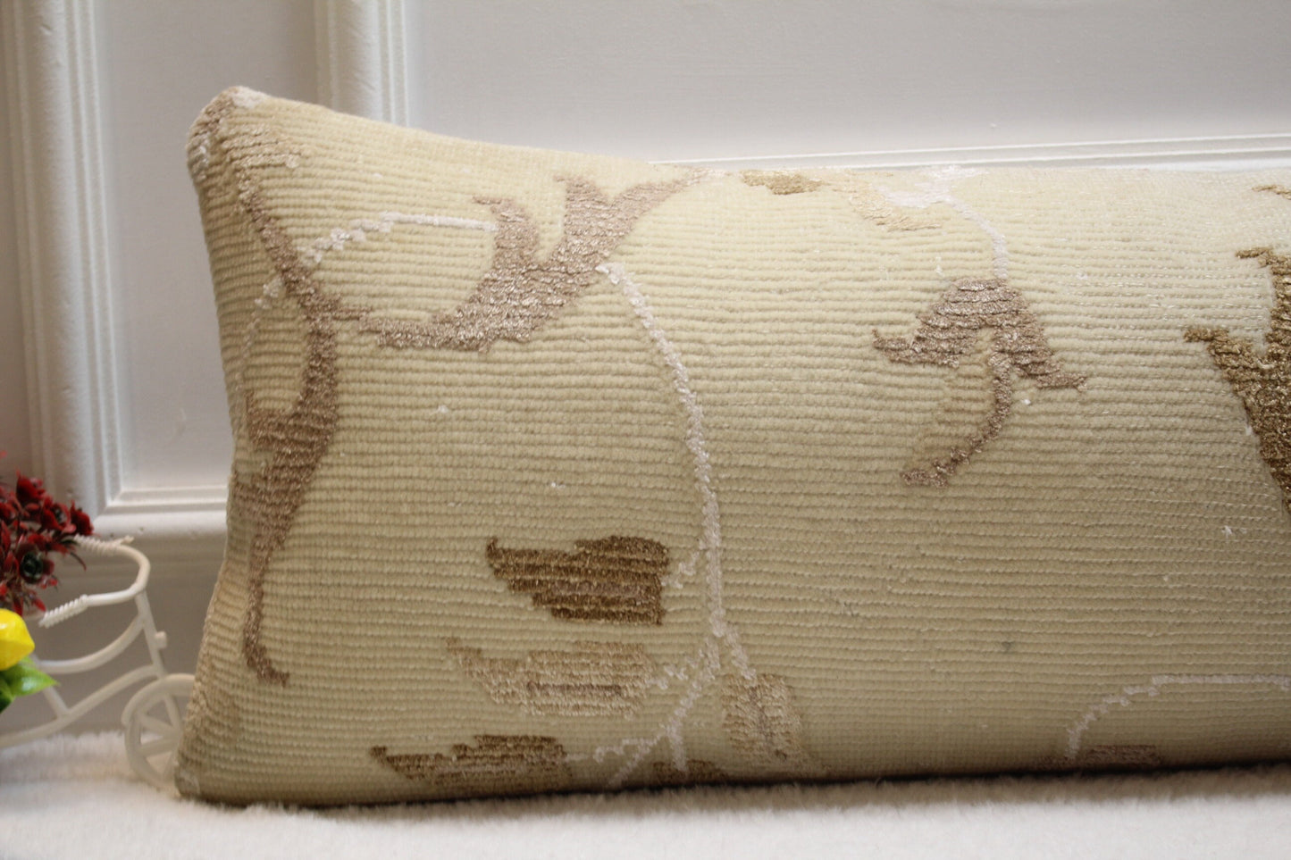 Handmade Wool Lumbar Pillow Cover: Upcycled Turkish Rug, 12x36 inch