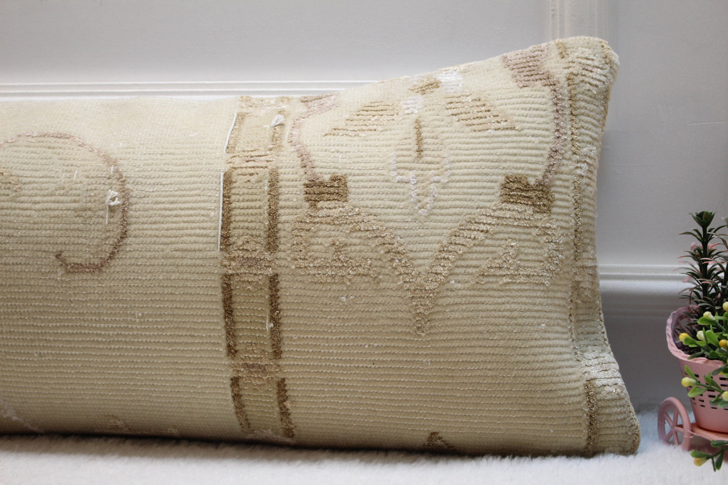 Handmade Wool Lumbar Pillow Cover: Upcycled Turkish Rug, 12x36 inch