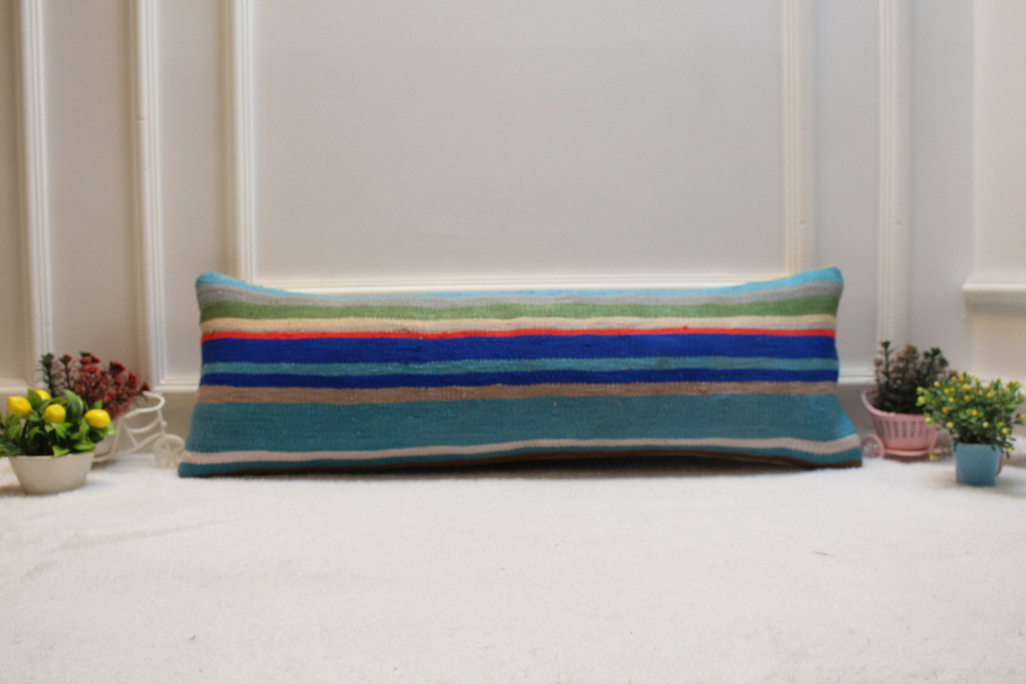 Rainbow Kilim Lumbar Pillow Cover: Vintage Woven Rug, 12x36 inch