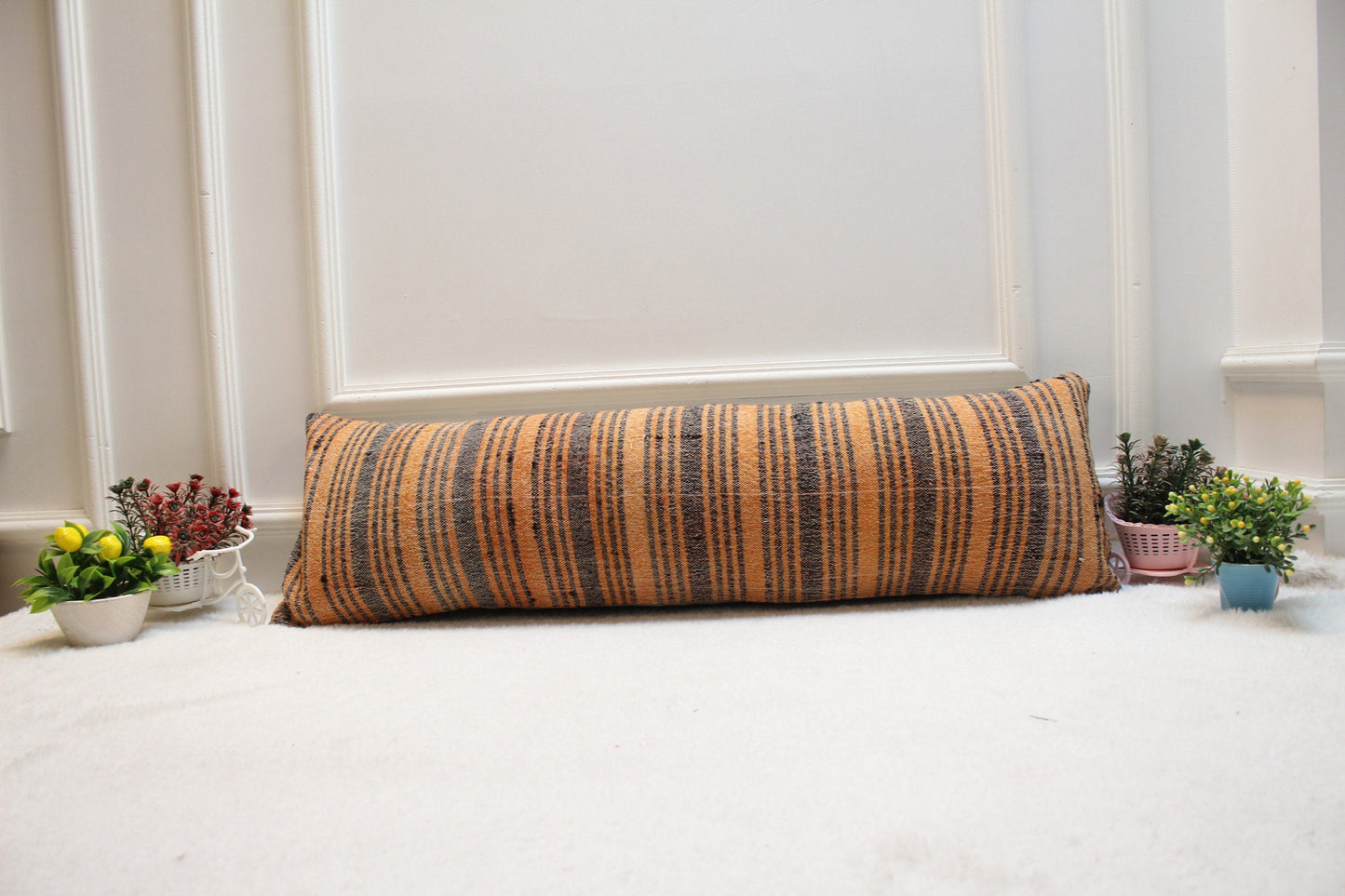 Handmade Striped Kilim Lumbar Pillow Cover: Orange & Gray, 12x36 inch
