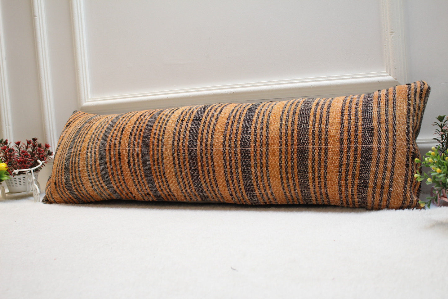 Handmade Striped Kilim Lumbar Pillow Cover: Orange & Gray, 12x36 inch