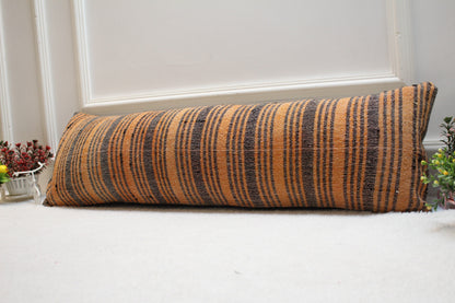 Handmade Striped Kilim Lumbar Pillow Cover: Orange & Gray, 12x36 inch
