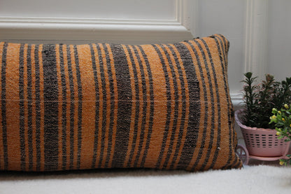 Handmade Striped Kilim Lumbar Pillow Cover: Orange & Gray, 12x36 inch