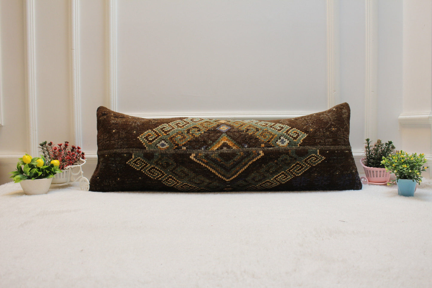 Handmade Kilim Lumbar Pillow Cover: Brown & Green Turkish Rug (12x36 in)