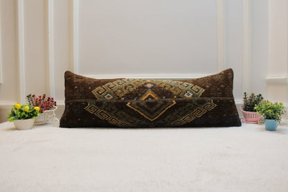 Handmade Kilim Lumbar Pillow Cover: Brown & Green Turkish Rug (12x36 in)