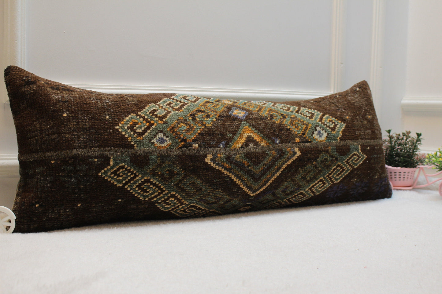 Handmade Kilim Lumbar Pillow Cover: Brown & Green Turkish Rug (12x36 in)