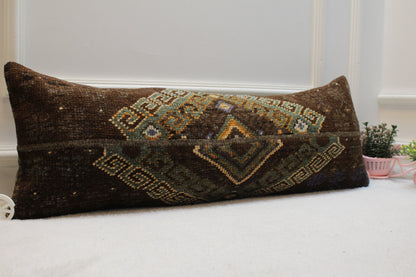 Handmade Kilim Lumbar Pillow Cover: Brown & Green Turkish Rug (12x36 in)