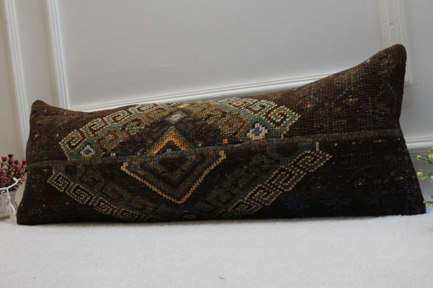 Handmade Kilim Lumbar Pillow Cover: Brown & Green Turkish Rug (12x36 in)