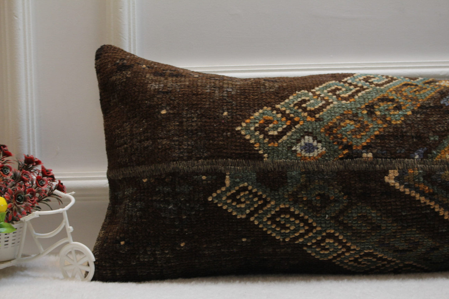 Handmade Kilim Lumbar Pillow Cover: Brown & Green Turkish Rug (12x36 in)