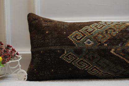 Handmade Kilim Lumbar Pillow Cover: Brown & Green Turkish Rug (12x36 in)