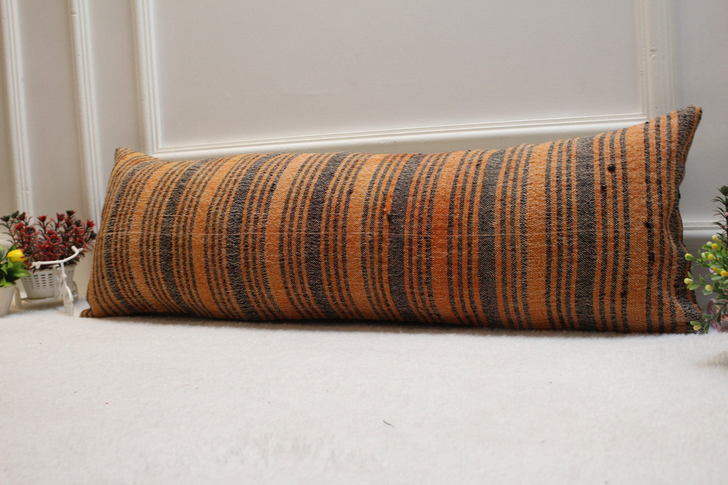Handmade Striped Kilim Pillow Cover: Orange & Black Lumbar Pillow (12x36 in)