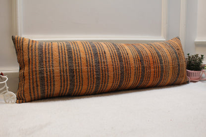Handmade Striped Kilim Pillow Cover: Orange & Black Lumbar Pillow (12x36 in)