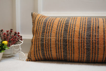 Handmade Striped Kilim Pillow Cover: Orange & Black Lumbar Pillow (12x36 in)